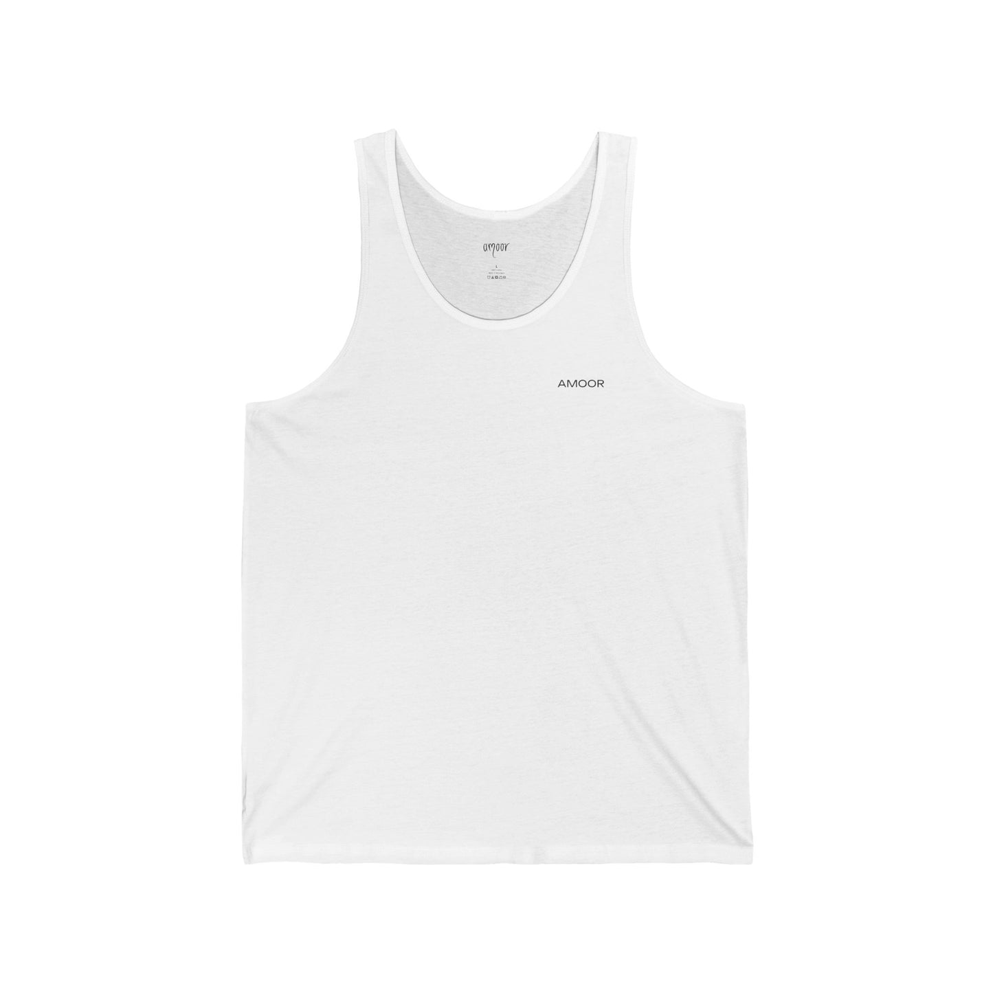 Minimalist Unisex Jersey White Tank Top with Amoor logo - Perfect for Summer & Casual Wear