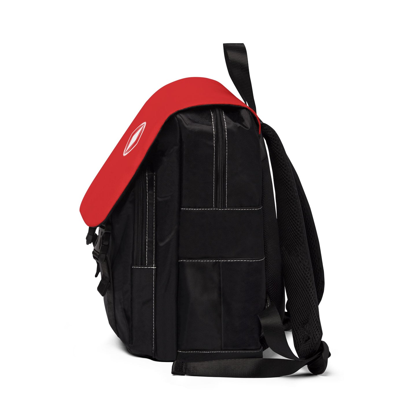 Zaino a spalla unisex casual di tendenza design "Metamoorphosis" base nera elegante e una patta rossa vivace