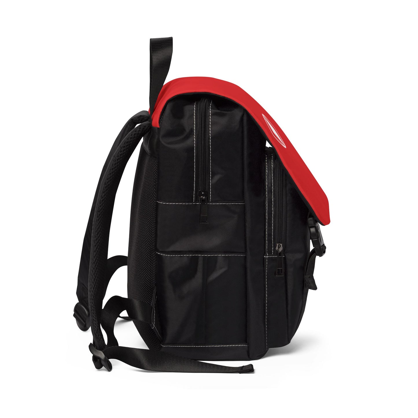 Zaino a spalla unisex casual di tendenza design "Metamoorphosis" base nera elegante e una patta rossa vivace