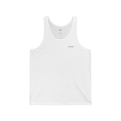 Minimalist Unisex Jersey White Tank Top with Amoor logo - Perfect for Summer & Casual Wear