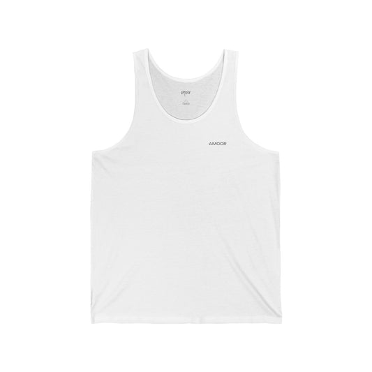 Minimalist Unisex Jersey White Tank Top with Amoor logo - Perfect for Summer & Casual Wear