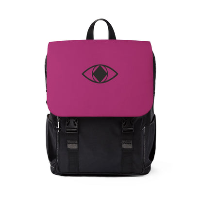 Zaino a spalla unisex casual di tendenza design "Metamoorphosis" base nera elegante e una patta fucsia vivace